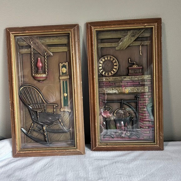 Pair Vintage Turner Wall Accessories 3D Colonial Scenes Fireplace & Rocker